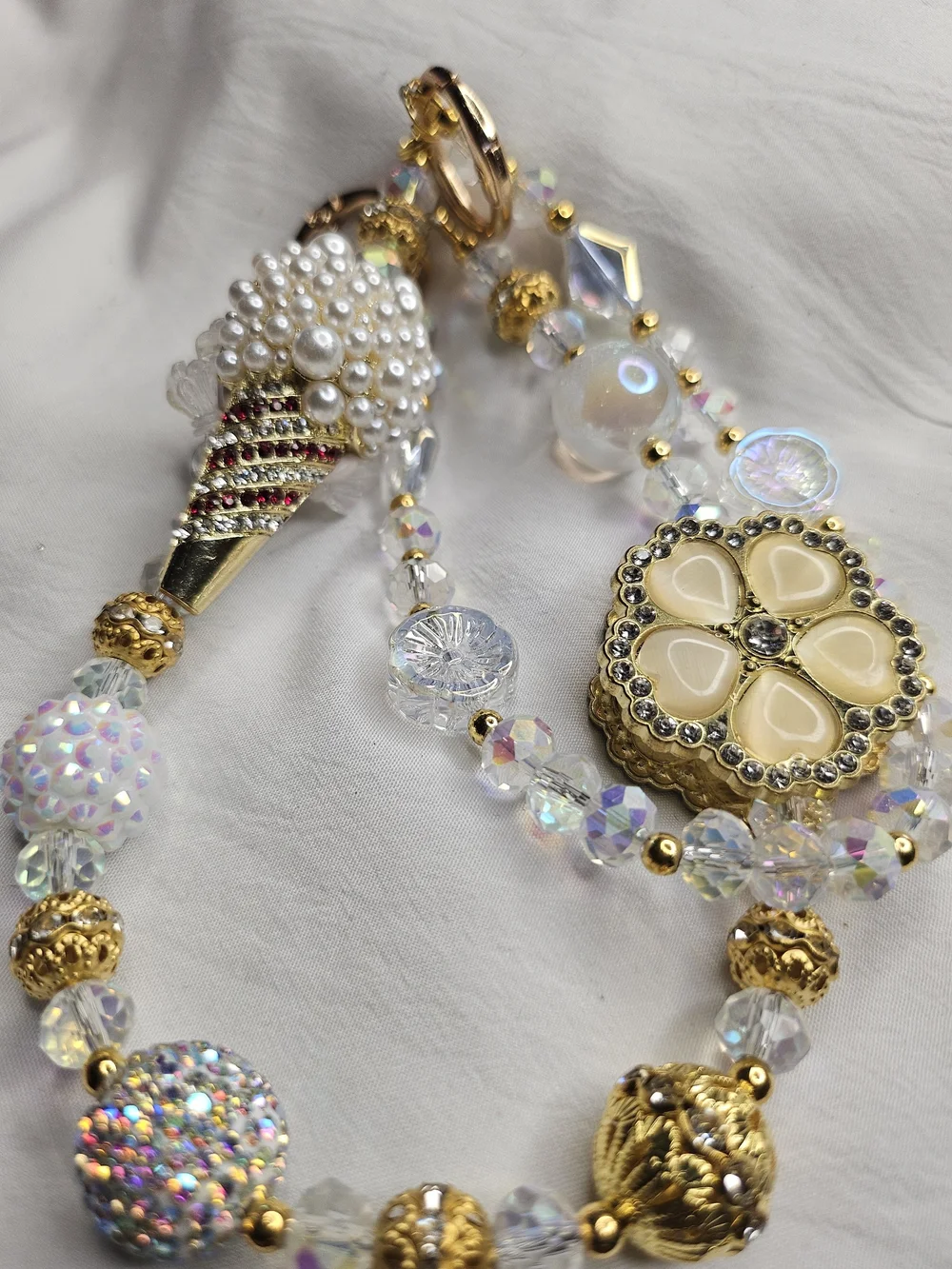 Gold & Cream Beaded Bag Charm and Pendant Chain by